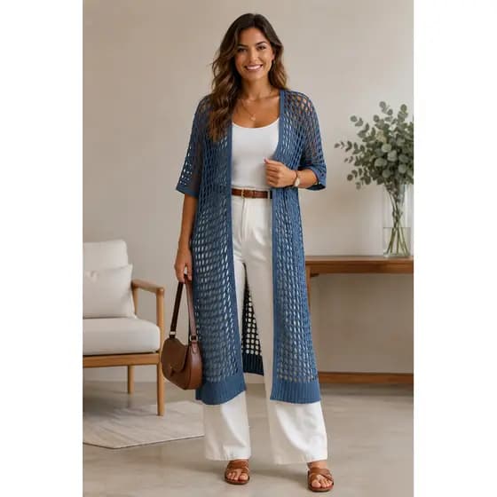 MAXI Kimono Blusa Ampla Saida de Praia TRICOT Plus Estilosa Estilo Crochê Blusa Feminina RESORT Terceira Peça Acessório