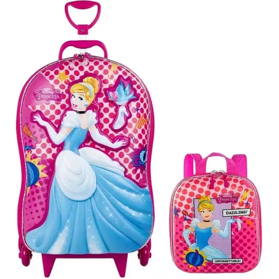 Kit mochila escolar infantil de rodinhas + lancheira Princesa Cinderela- Maxtoy
