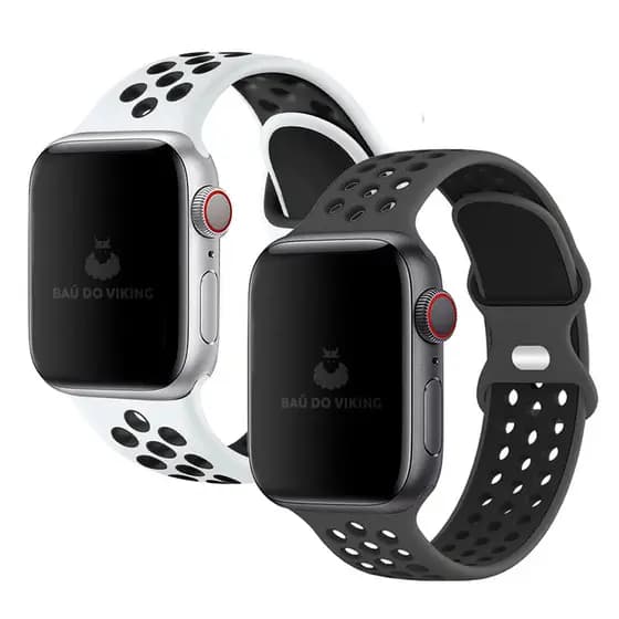 Kit com 2 Pulseiras Silicone Furos Fecho Duplo Preto e Branco Preto Compatível com Apple Watch