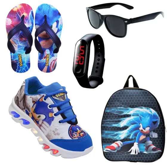 Kit tenis de led infantil Sonic masculino mais chinelo mais mochila mais relogio mais oculos presente dia das crianças