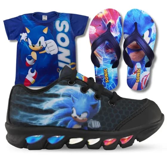 Kit Tênis Sonic Com Led Colorida Dia a Dia + Camisa e Chinelo presente dia das crianças