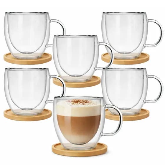 Kit Xicara Vidro Duplo Caneca Parede Dupla 6un 250ml C Pires