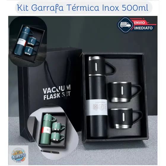 Kit Garrafa Térmica 3 Xícaras Inox Vacuum 500ml Caneca Vácuo Squeeze Bebidas Fria ou Quente