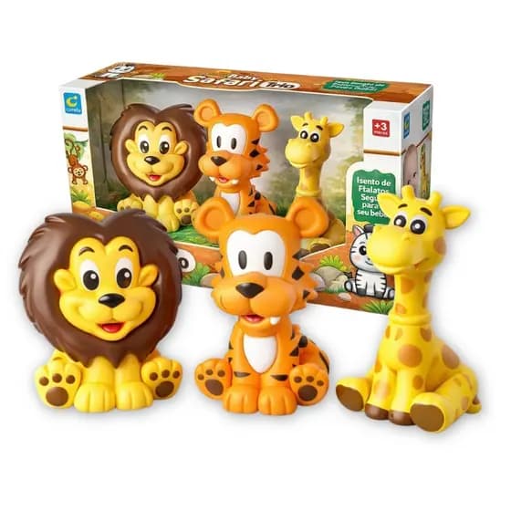 Kit 3 Mordedor Bebê Trio Safari Animais Leão Tigre Girafa Vinil Macio Cometa Seguro Atóxico