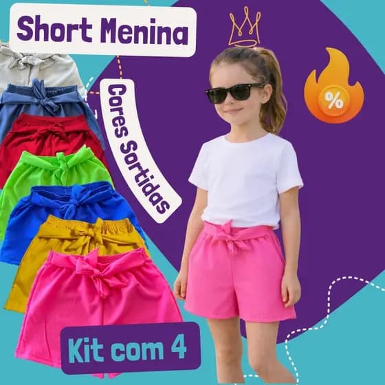 Combo 4 Shorts Menina Liso - Roupas Infantis Promoção Verão - 2 a 10 anos