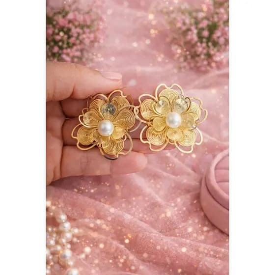 Brinco Flor Peróla Dourado Prata Delicado Tendência Feminina Mulheres Bonitas Estilosas Mundo Rosa