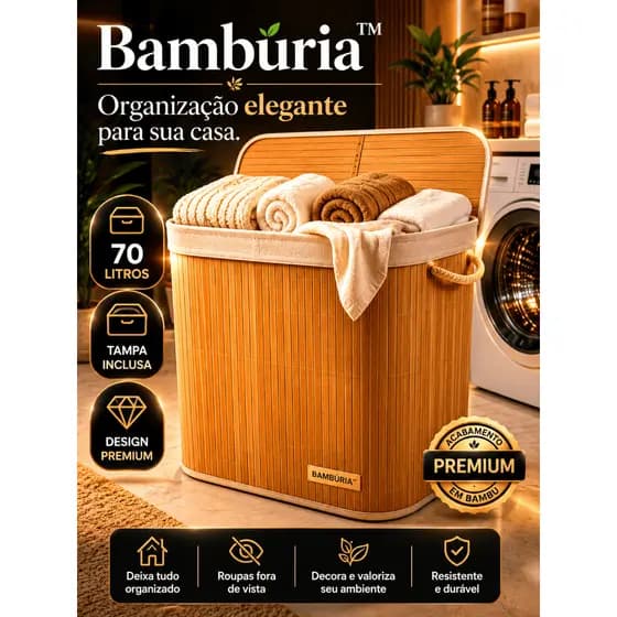 Cesto Organizador de Roupas Bambúria™ 70L Com Tampa e Alças Dobrável Bambu Premium Lavanderia Quarto Banheiro