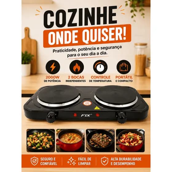 Fogao Eletrico Portatil Duas Bocas 2000 Watts Alta Potencia 110v Cozinha Compacta