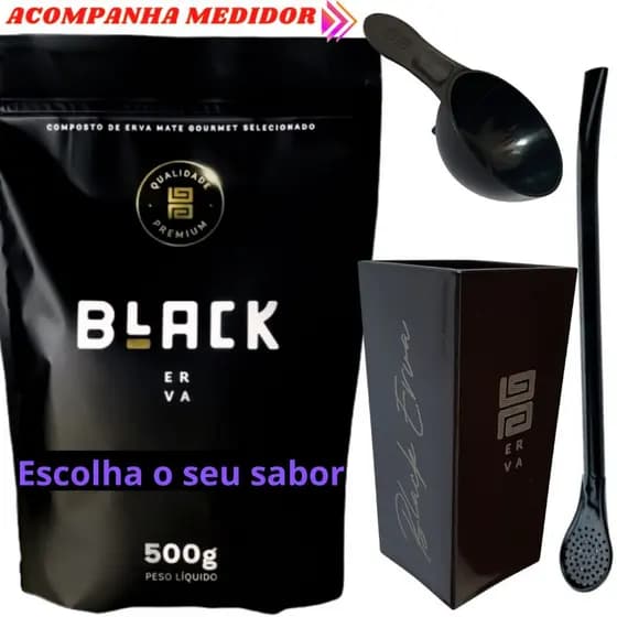 Kit Para Tereré Black Erva Mate 500g + Copo Cuia Quadrado Acrílico + Bomba Clássica Preta