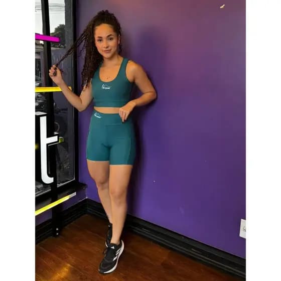 Conjunto de Academia Feminino Fitness/Corrida Short/C Bolso Top Com Recorte Zero Transparencia C Cintura Alta