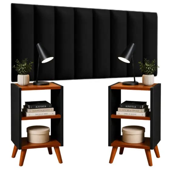 Cabeceira Cama Casal Queen 160cm Kit c/ 2 Mesa de Cabeceira Preto Freijó Off White Freijó