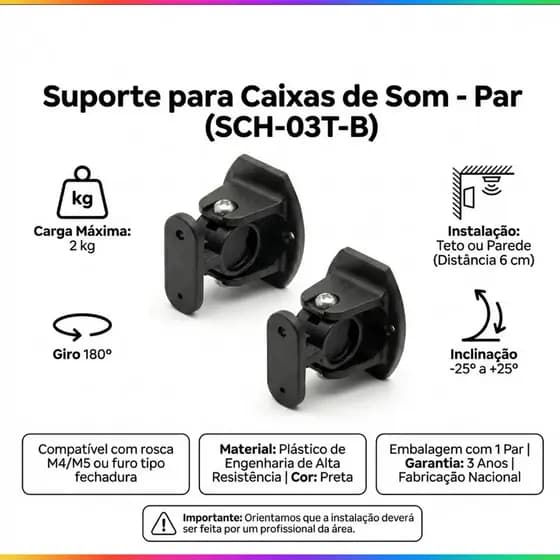 KIT COM 2 SUPORTE PARA CAIXA DE SOM ACUSTICA DE PAREDE HOME THEATER UNIVERSAL COM INCLINACAO E GIRO DE 180