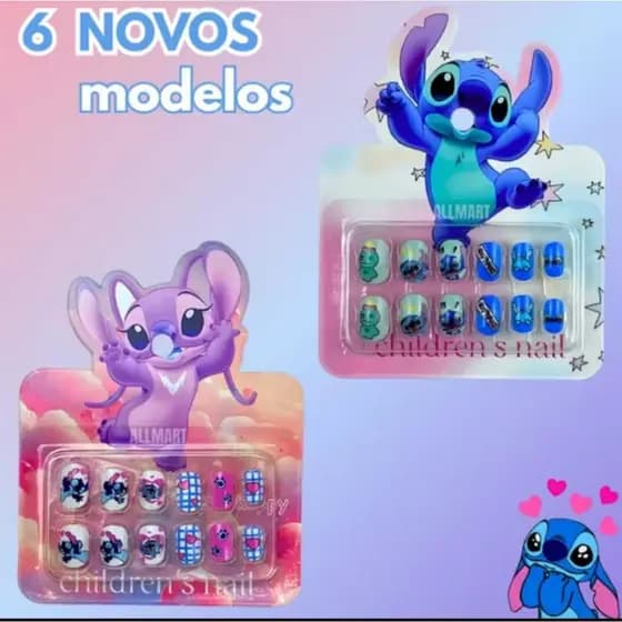 Unhas Postiças Infantil Stitch Angel Kit 12 unidades adesivo de unha