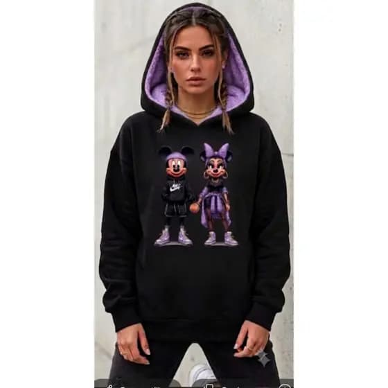 Moletom Casal Mickey E Minnie Estampa Blusa De Frio Feminina Inverno Com Capuz Forrado Quentinho