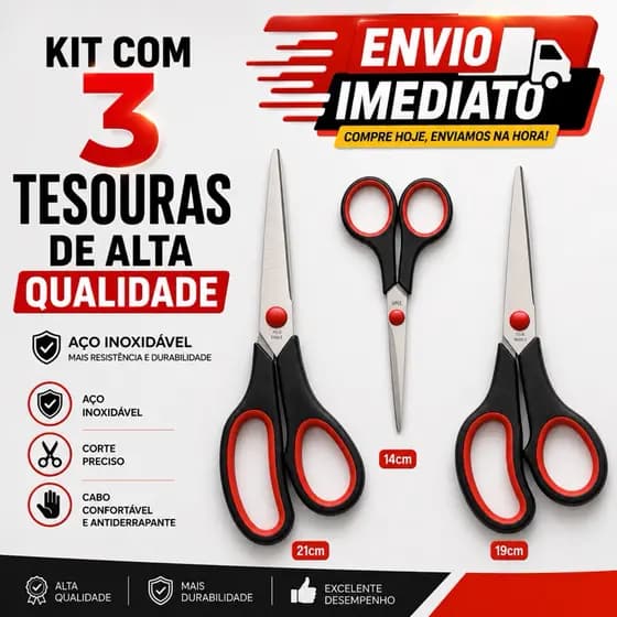 kit com 3 Tesouras Aço Inox Costura Corte Profissional Multiuso Artesanal e Domestico 5” 7” 7,5”