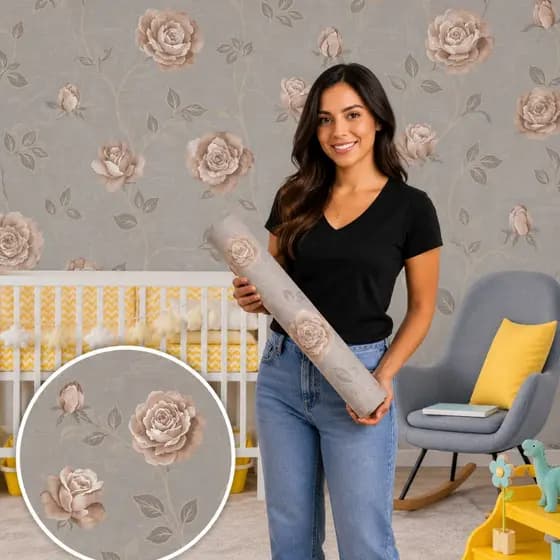 Papel de Parede Lavável Vinil Autocolante Floral Bege e Marrom para Sala