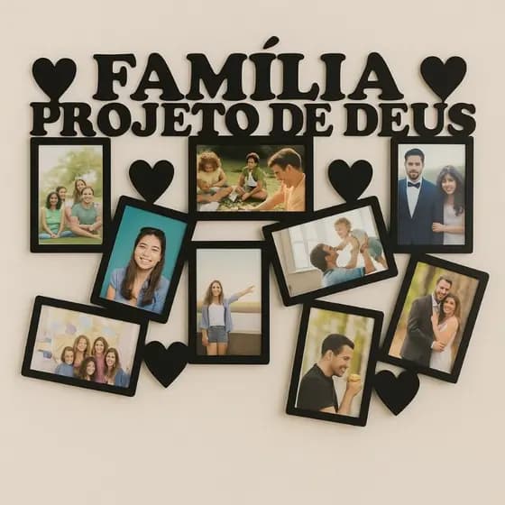Painel Quadro Mural de Fotos Família Projeto de Deus em MDF – Porta Retrato para 9 Fotos Decoração Parede