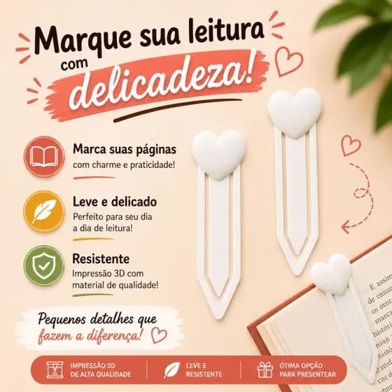 Marcador de Página Coração Delicado | Clip para Livros, Bíblia, Planner e Cadernos. Organizador de livros.
