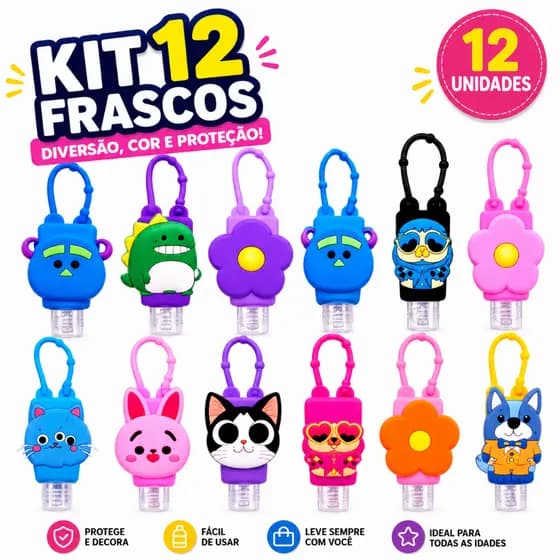 Kit Porta Alcool Gel Frasco 30ml Silicone Mochila Chaveiro Bolsa
