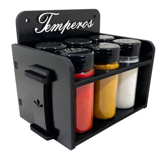 Porta Temperos/Condimentos MDF kit 06 potes c/ Tampa Dosadora + Suporte