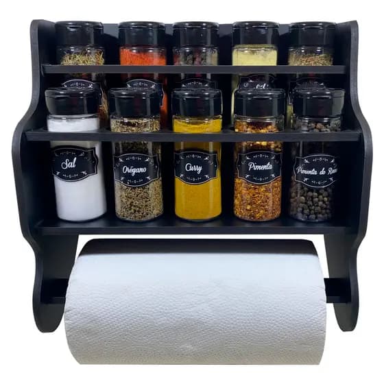 Porta Temperos/Condimentos kit 10 potes + Tampa Dosadora + Suporte para papel toalha + Adesivos