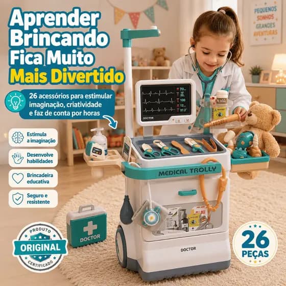 Brinquedo Carrinho De Medico Infantil Medical Trolley MSP Kids Com 26 Acessorios Completo Educativo