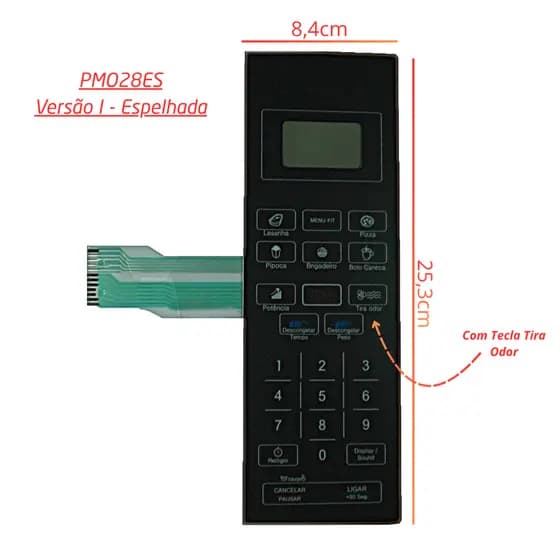 Membrana / Teclado Compatível Microondas PMO28ES - Espelhada com Tecla Tira Odor - 25,3x8,4cm