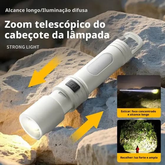 Lanterna portátil branca para uso externo, com gancho e visor de LED.