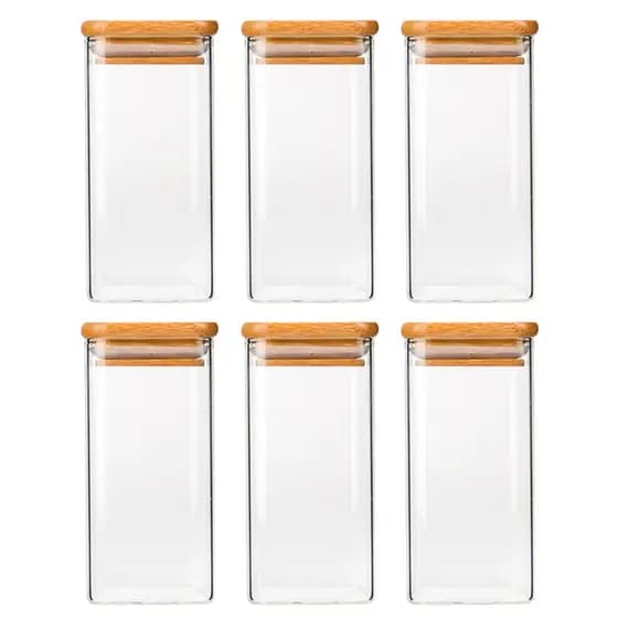 Kit 6 pote hermetico vidro com Tampa De Bambu 300ml Quadrado porta Tempero mantimentos jogo potes