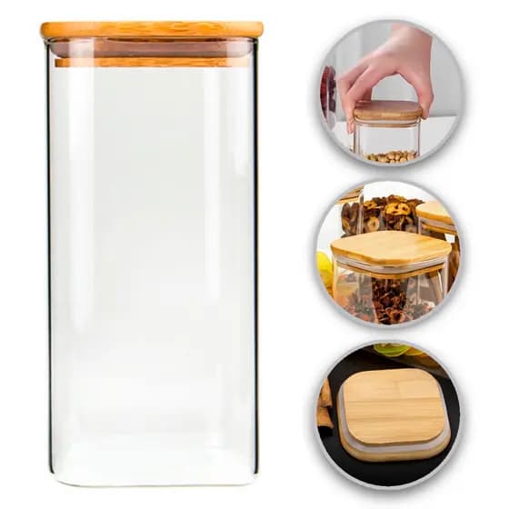 pote Vidro Com Tampa De Bambu 1.3 Litro para Hermetico mantimentos Cozinha 1300ml quadrado Grande
