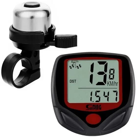 Velocímetro Digital Com Fio 15 Função + Buzina Campainha Sino Cromada Para Bike Bicicleta Mtb Trim