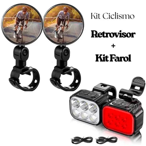 Kit Espelho Retrovisor Convexo 360º Giratório 2 Peças + Farol e Lanterna Traseira Bike 6 Leds Recarregável USB MTB