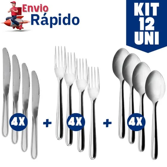 Kit 12 Talher 4 Colher 4 Faca 4 Garfos de Mesa Jogo Talher Aço Inox Faqueiro Talheres de Cozinha Restaurante Lanchonete
