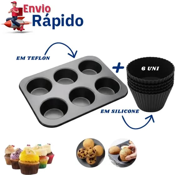 Forma para Cupcake 6 Cavidades + 6 Formas Silicone Antiaderente Teflon Alta Qualidade