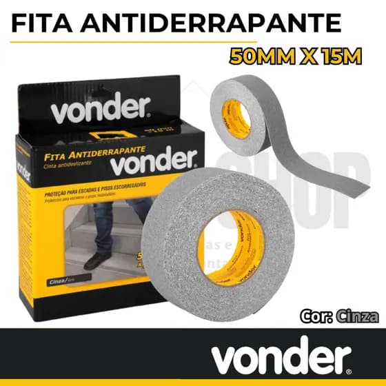 Fita antiderrapante Cinza 15 metros x 50mm VONDER - Para pisos escorregadios, escadas etc