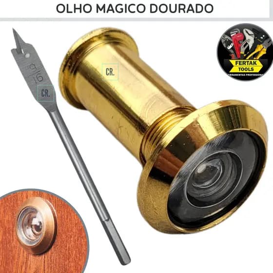 Olho Mágico Dourado Com Ângulo Visual de 200º Com Regulagem Fertak Para Portas de Madeira.