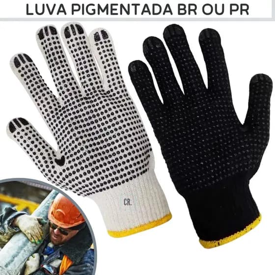 Luva Pigmentada de Malha Tricotada de Algodão Branca ou Preta Obras Construção Mecânica Jardinagem.