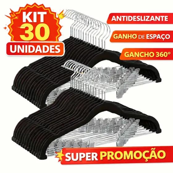 Kit Premium 30 Cabides de Veludo com Barra e Presilha Preto – Ultra Reforçado e Elegante