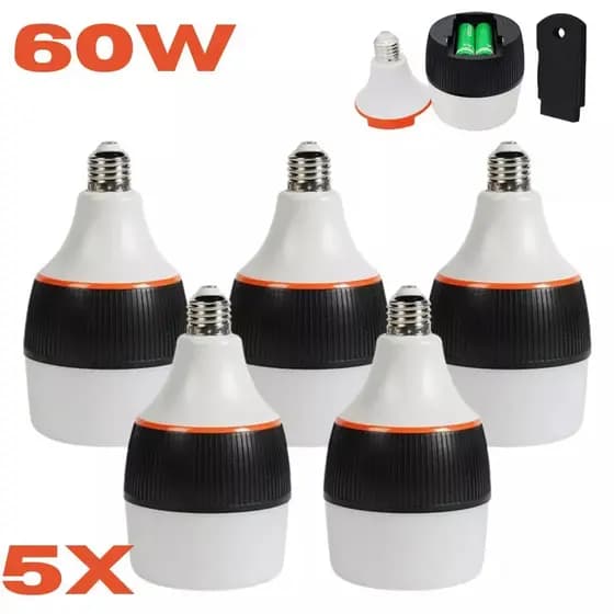 Kit 5 Lâmpadas de Emergência 60W Recarregáveis E27 Até 6 Horas Ligada Após Falta de Energia Bivolt