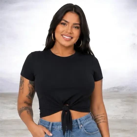Blusa cropped de amarrar manga curta tendência