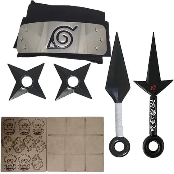 Bandana Vila da Folha em Aço Inox + 2 Kunais + 2 Shurikens + Jogo da Velha Naruto