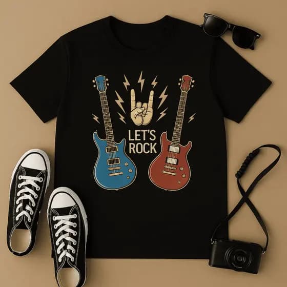 Camiseta Algodão Rock and Roll Let's Rock – Estampa Guitarras Vintage Unissex