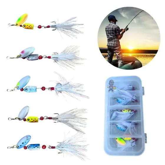 Kit 5 Isca Artificial Spinner 5 Gramas + Estojo - Traira Tucunaré Black Bass Dourado