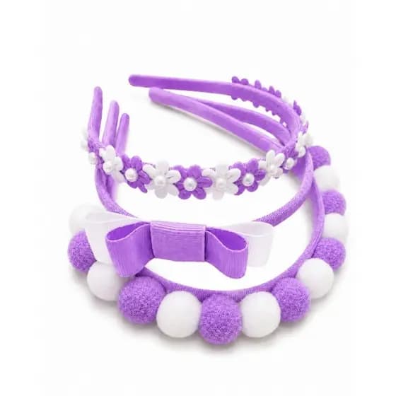 KIT 3 Tiara Infantil Pompons Florzinha perola Laço Infantil Lilas e Branco Arquinho Infantil Arco Tiara Infantil Kit