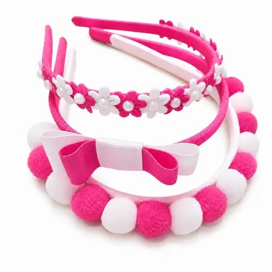 KIT 3 Tiaras Infantil Arquinho Pink Com Pompons Florzinhas Pérola Acessorio Cabelo Infantil Arco Rosa Pink Laço Infantil