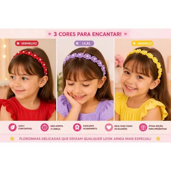 KIT 3 Tiaras Infantil Florzinha com Perola Vermelho Lilas Amarelo Arquinho Infantil Tiara Infantil Flor Floral