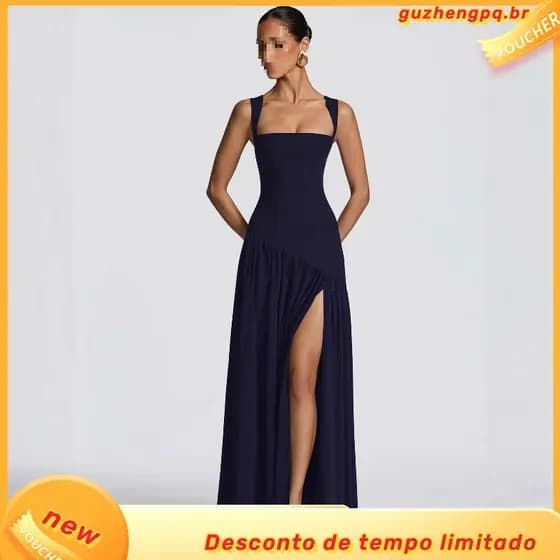 Vestido Maxi Sem Mangas com Fenda Alta Sibybo para Mulheres, Elegante, com Decote Quadrado, Costas Descobertas e Detalhe