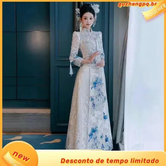 Vestido Xiuhe Estilo Chinês de Alta Qualidade para Quatro Estações 2024, Casamento Slimming, Azul Gelo, Branco, Luar Xiu