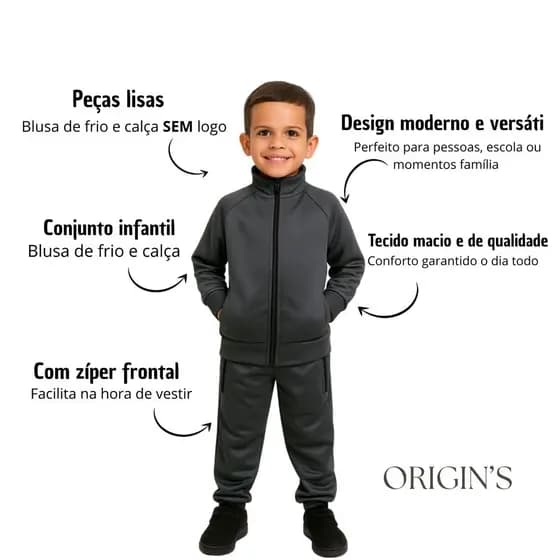 Blusa Mais Calça Infantil Infantil Masculino Liso, Com Bolsos, Ziper