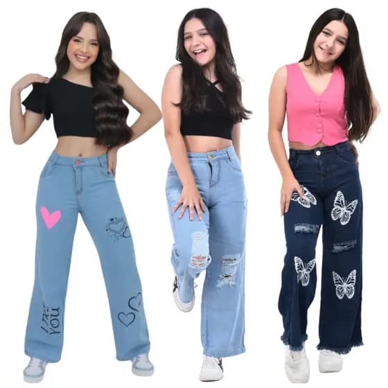 Calça Jeans Menina Infantil e Juvenil Wide Leg Estampada Qualidade Premium